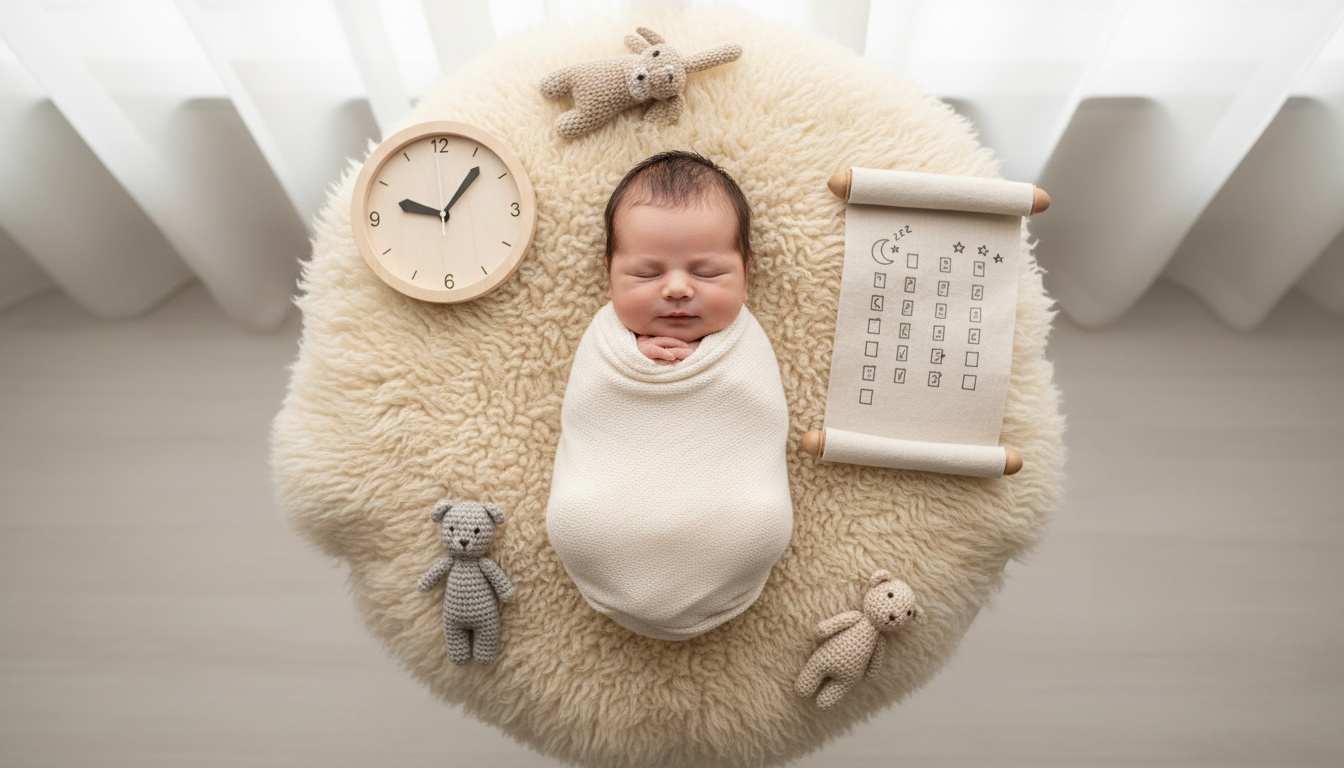 Sleeping newborn baby photographed from above in a bright nursery, with soft lighting and calming neutral colors creating a peaceful sleep environment.