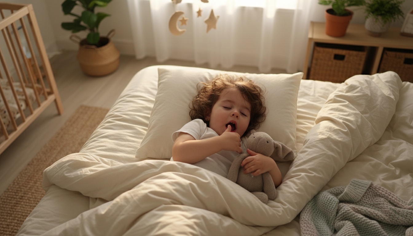 Overhead view of a sleepy toddler in a crib during afternoon nap time, demonstrating wake window readiness signs in a peaceful bedroom setting.