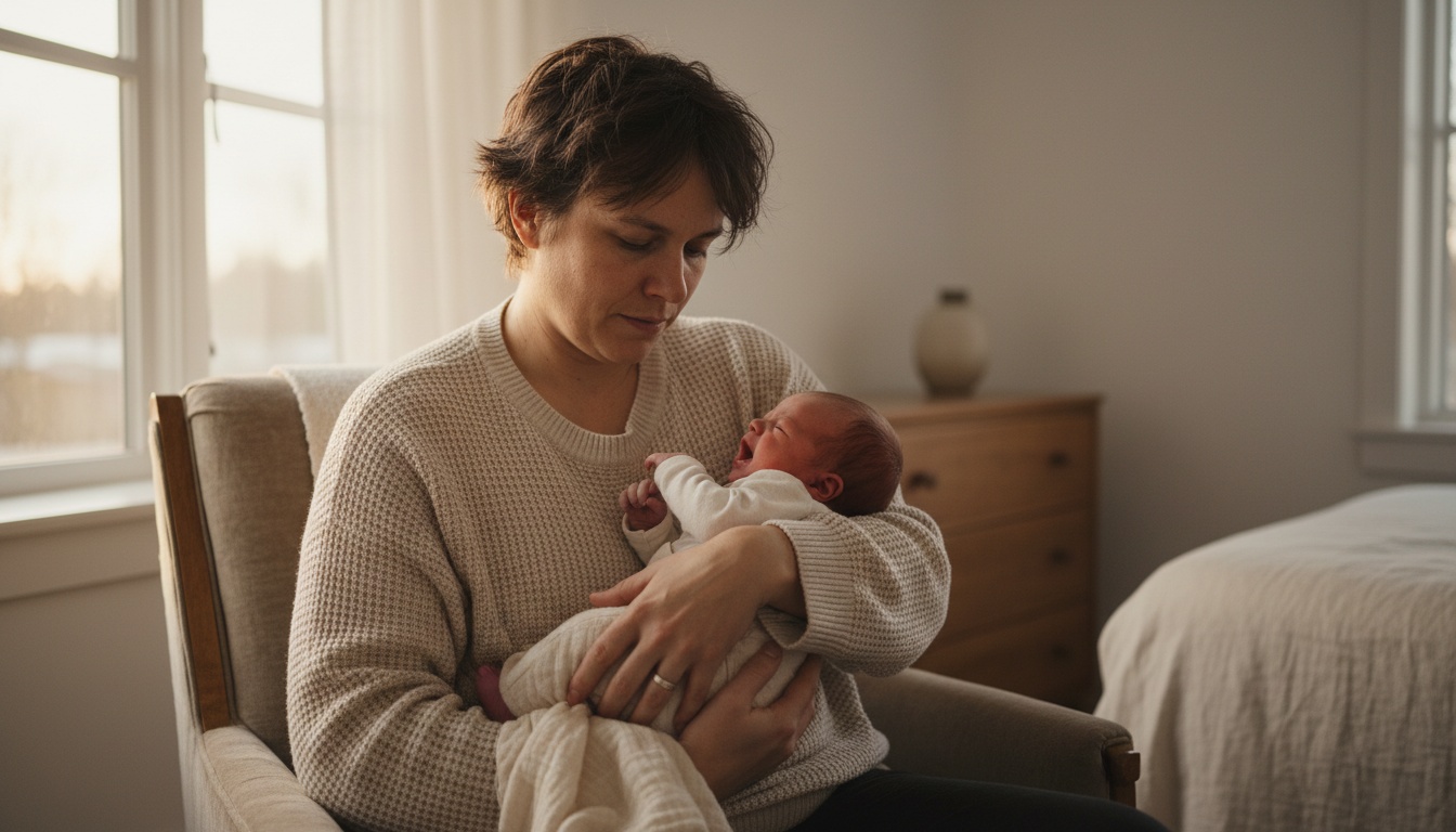 Tired parent cradling a crying newborn in a softly lit bedroom, capturing the exhaustion of early parenthood and sleep deprivation.