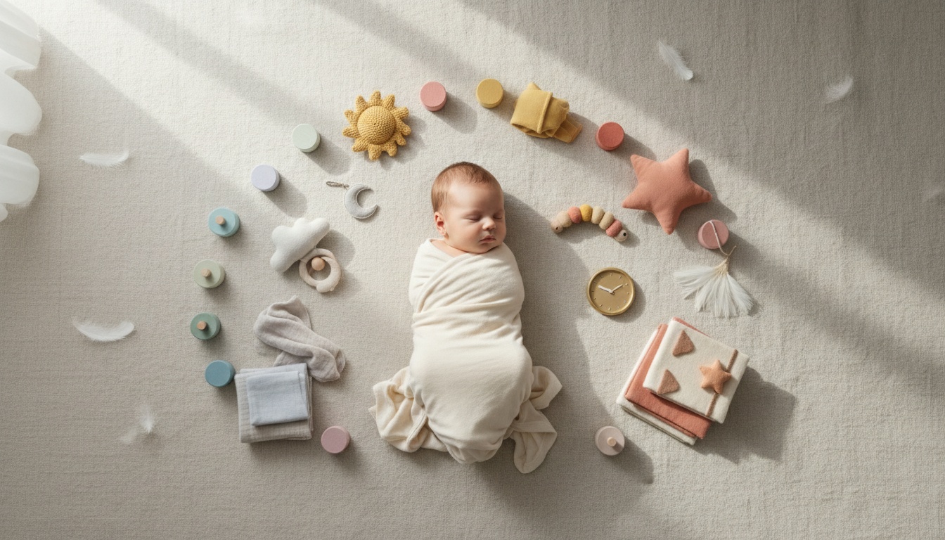 Serene nursery scene with a peacefully sleeping baby surrounded by soft, muted colors representing infant sleep development stages and wake windows.