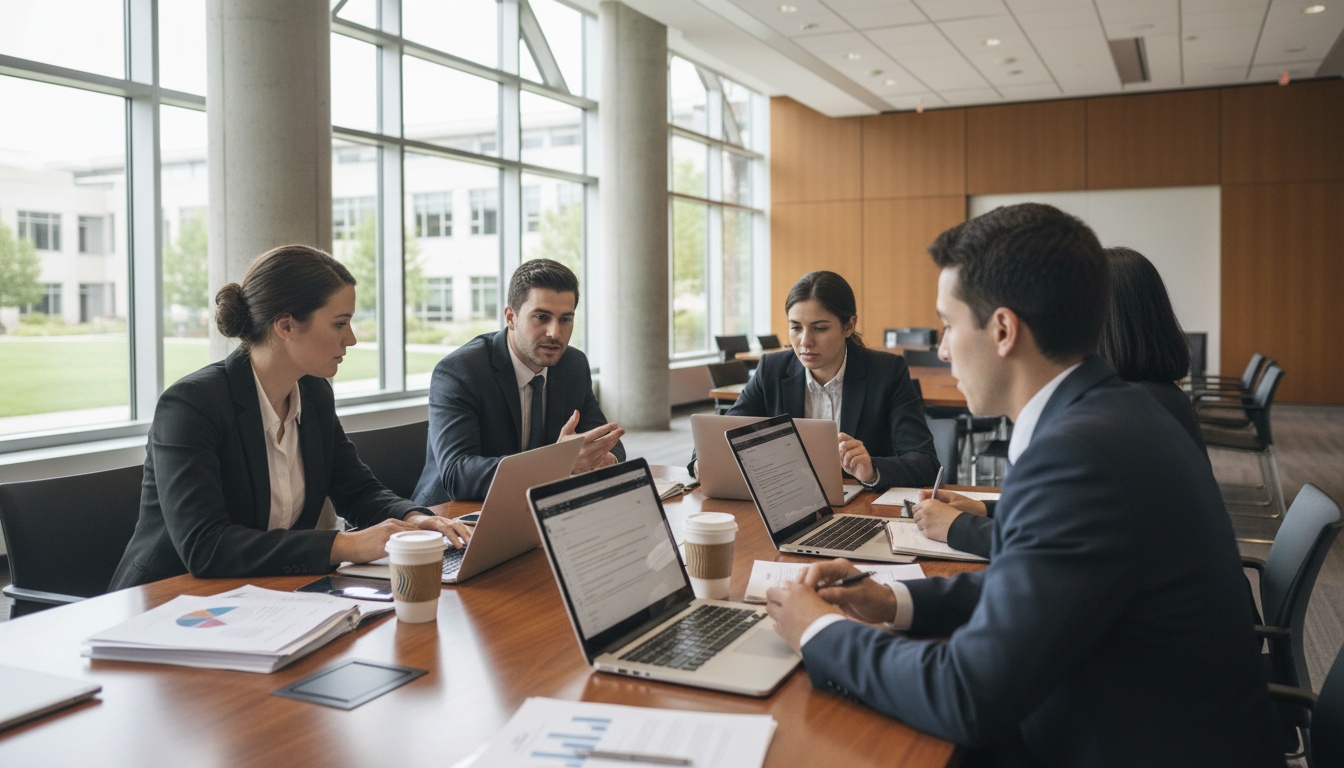 Business school students working together on laptops and documents at a collaborative table in a modern academic environment.