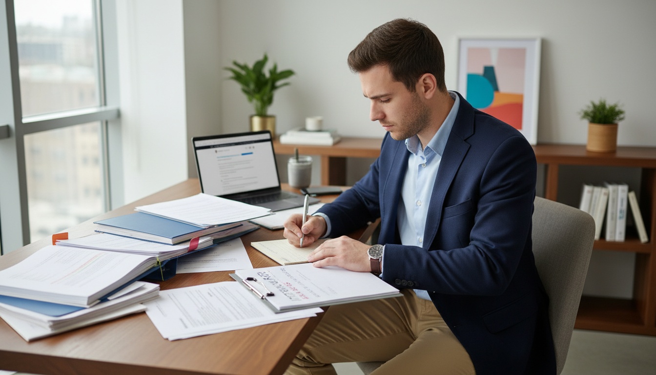 Business school applicant reviewing MBA application materials and interview preparation notes at a desk with focused concentration.