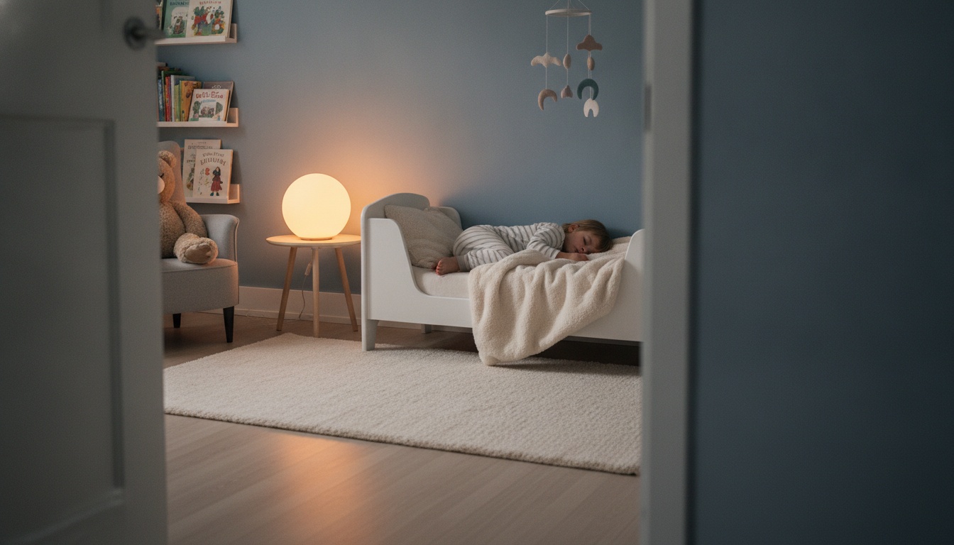Toddler sleeping soundly in a bed with a gentle nightlight, viewed from the doorway of a calm bedroom.
