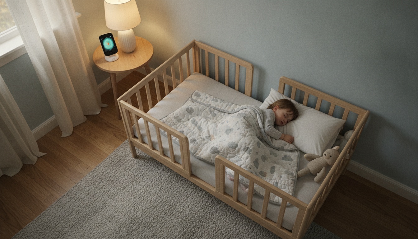 Overhead view of a toddler bed with safety features and a baby monitor visible on the bedside table in a peaceful bedroom setting.