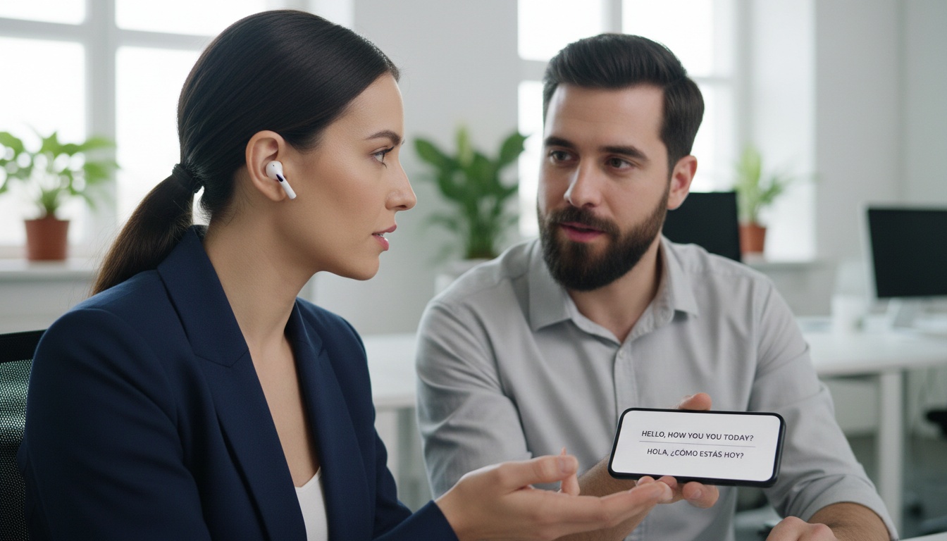 Zwei Fachleute im Gespräch mit Übersetzer-Ohrhörern; auf dem Smartphone-Display ist der übersetzte Text in Echtzeit in einem modernen Arbeitsumfeld zu sehen.